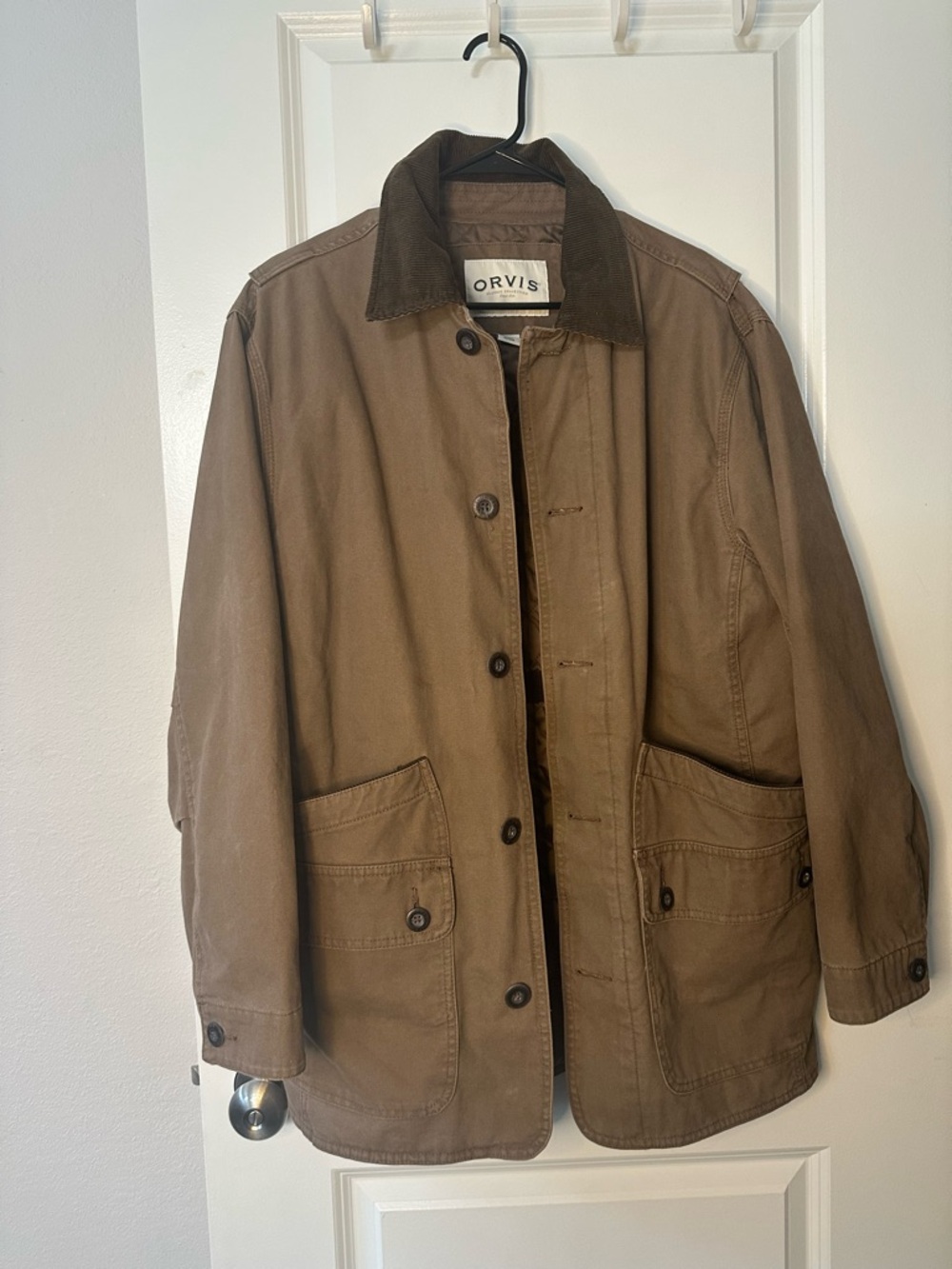 Orvis Brown Men's Quilted Chore/Barn Cotton Canvas Coat with Corduroy Collar